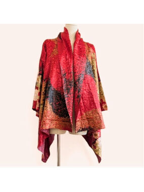 Red Gold Brocade Kimono Jacket Open Front Shawl Cardigan Boho Art Wear Deco Glam